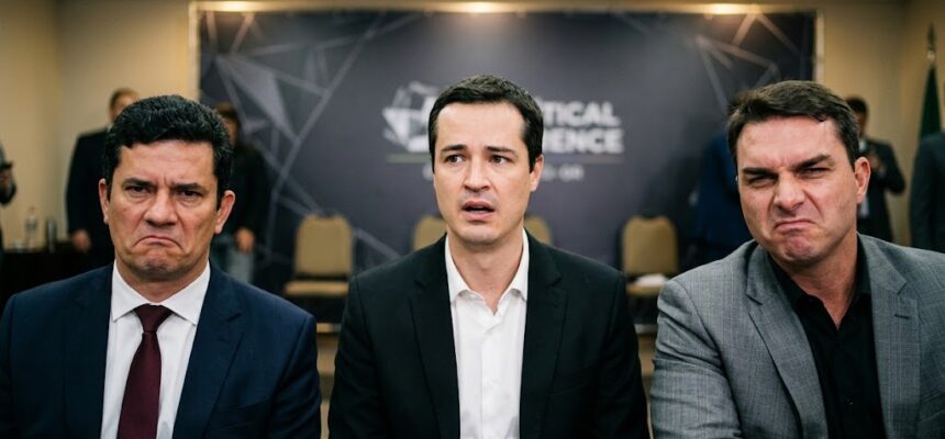 Deltan Dallagnol ao centro com Flávio Bolsonaro e Sergio Moro